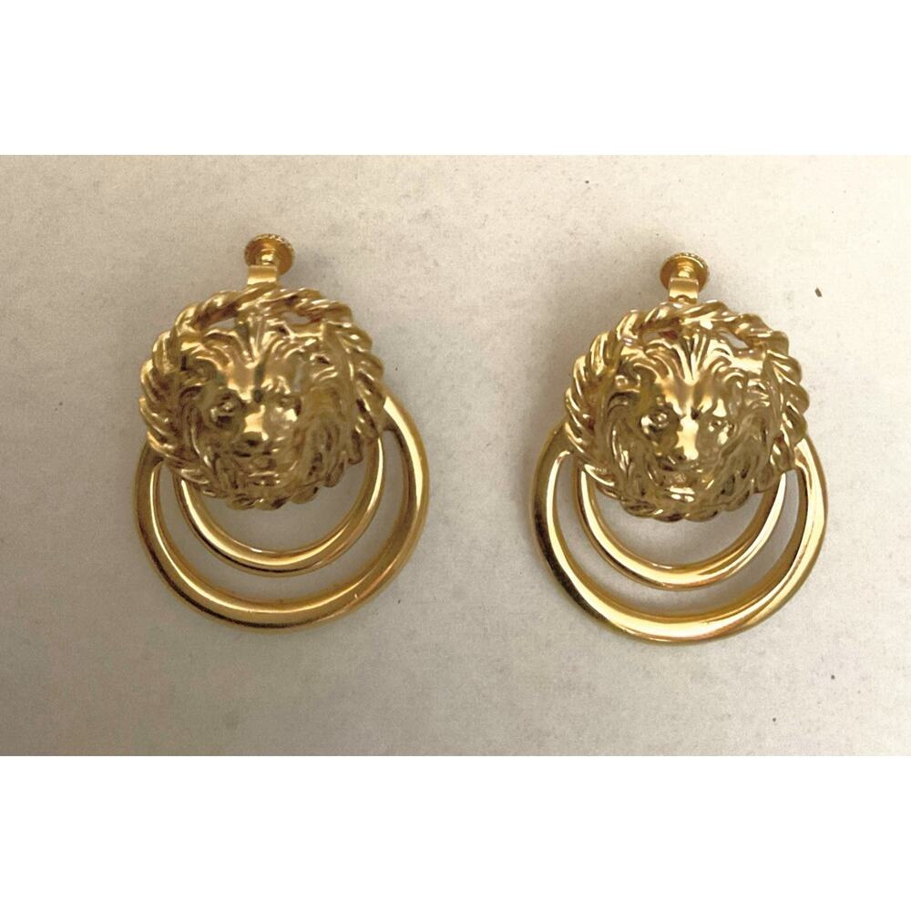 Anne Klein Lion Earrings Screw Back Shiny GoldTone Door Knocker Double Hoop Vtg